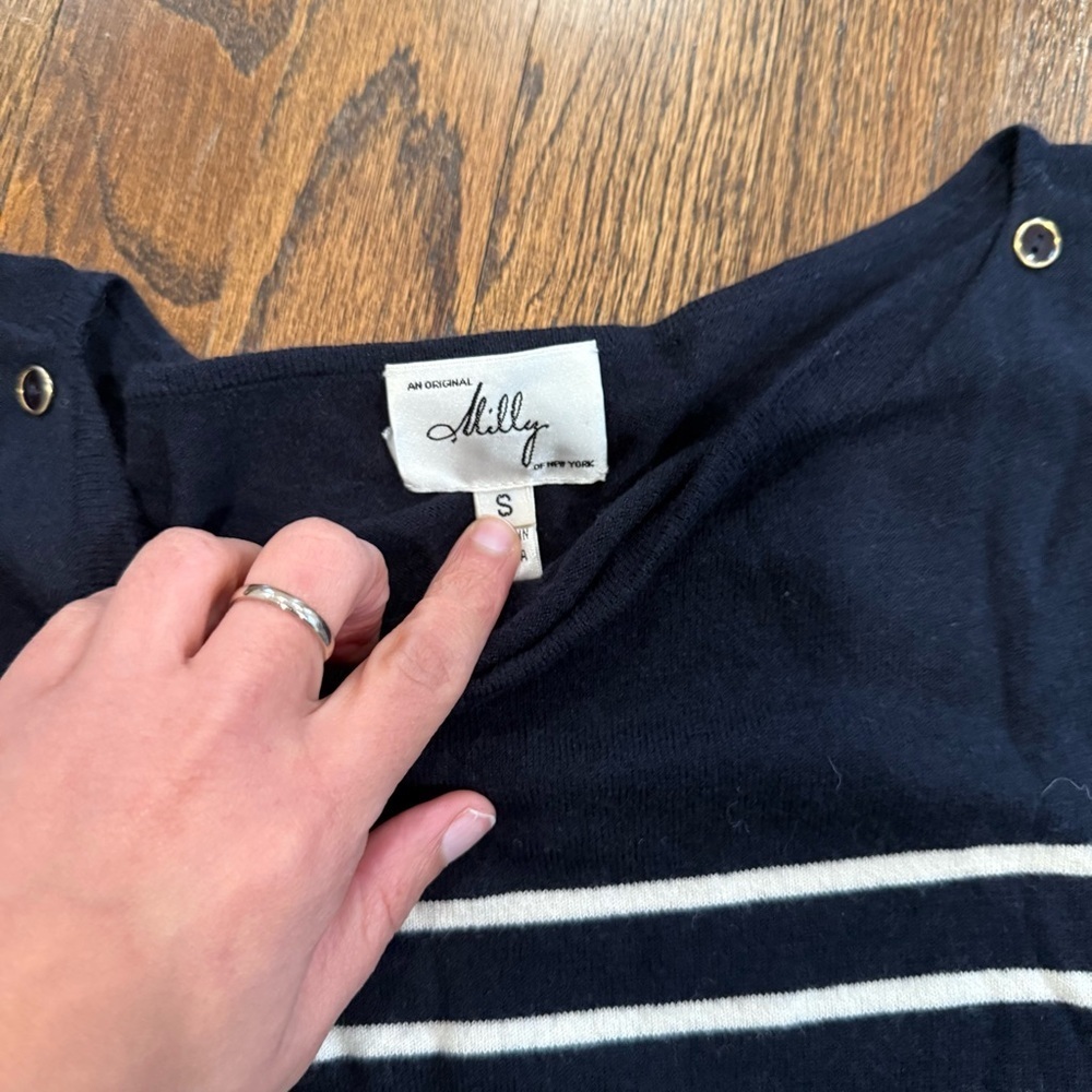 Milly Navy Blue White Stripe Sweater Accent Button Shoulders Size Small 1622 - Picture 4 of 9